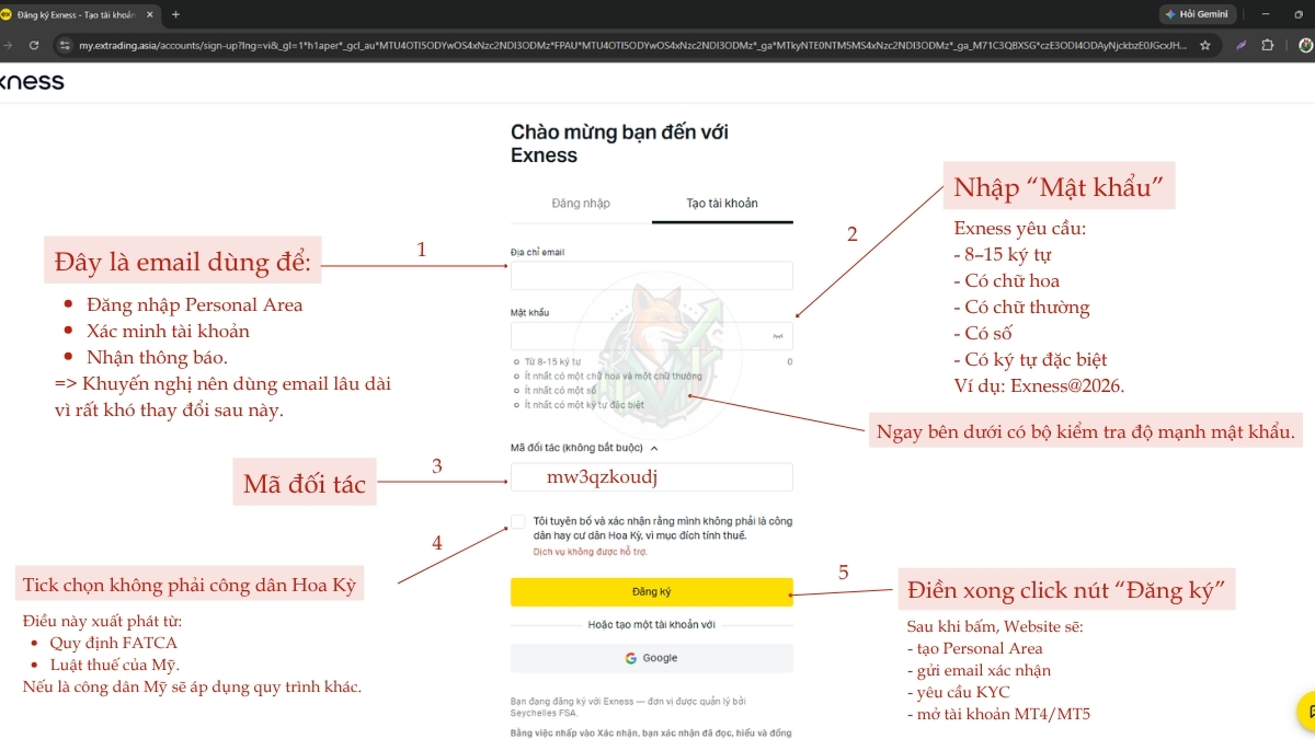 điền thông tin cá nhân vào form đăng ký tài khoản của exness