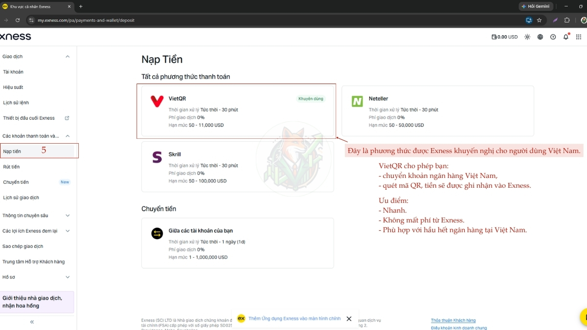 tab phương thức nạp tiền trong exness