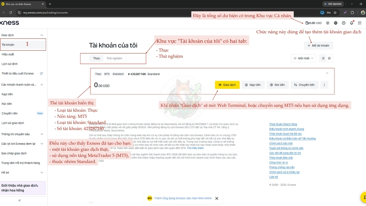 tab tài khoản của tôi trong exness