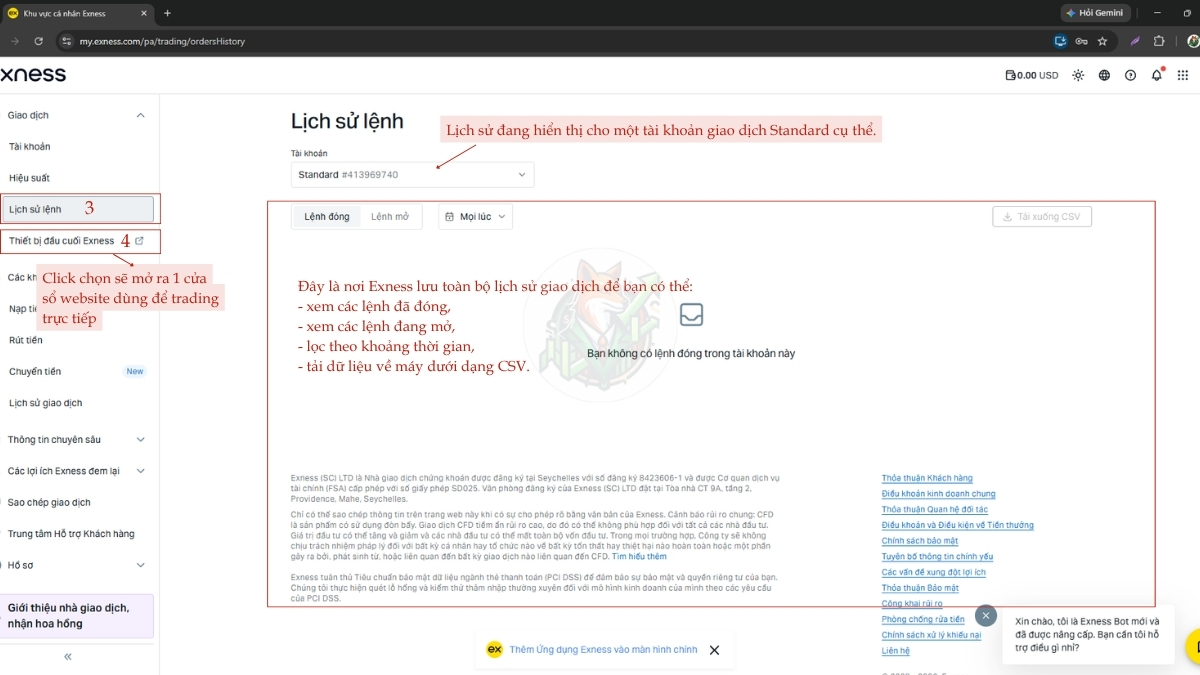tab thống kê lịch sử giao dịch trong exness