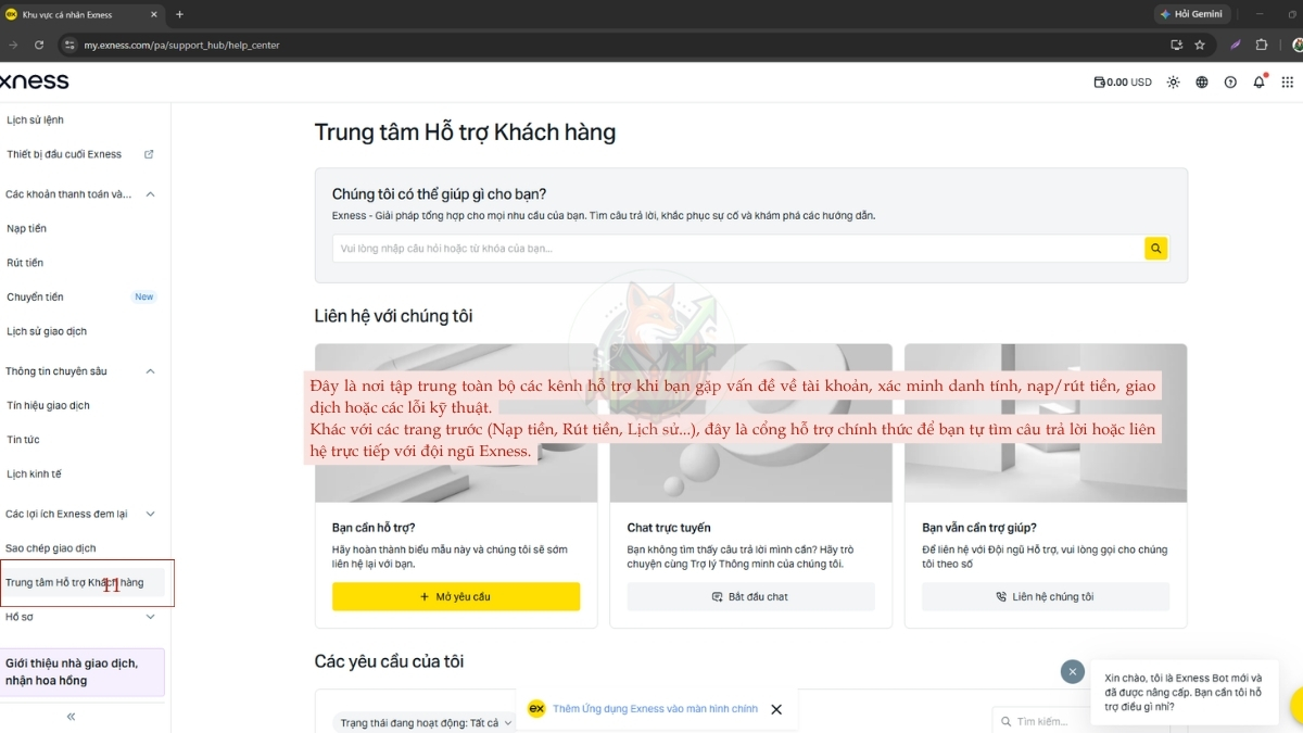 trung tâm hỗ trợ khách hàng của exness